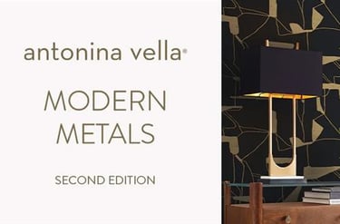 Modern metallic wallpaper rolls and black gold geometric patterns by Antonina Vella.