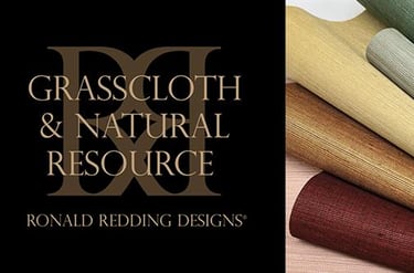 Ronald Redding Designs luxury textured grasscloth wallpaper swatches and interior room setting.