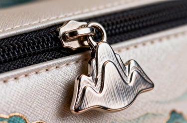The custom zipper pull of the "Splendid Rivers" pouch, shaped like an abstract mountain peak.
