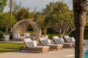 Outdoor loungers surrounded by tropical gardens at Villa El Olivo, Marbella.