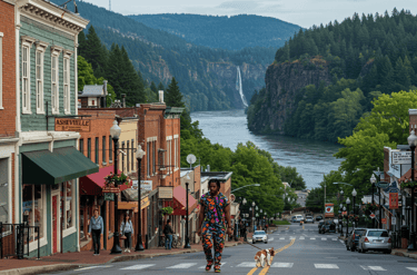 city with river in the background and forest trees