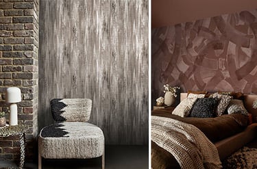 Modern textured wallpaper designs for bedroom and kitchen walls in earthy brown tones.