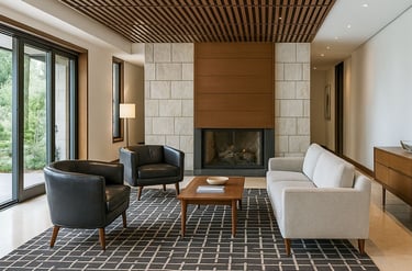 Mid-century style room with cream sofa, black chairs, grid rug, wood ceiling, and stone fireplace.