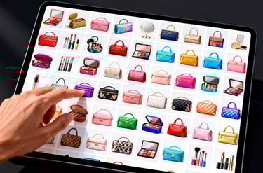 A tablet screen showing a grid of multiple AI-generated cosmetic pouch designs.