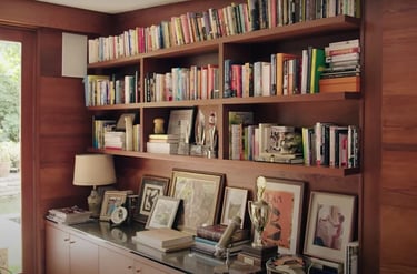 Dakota Johnson bookshelf study interior at home.