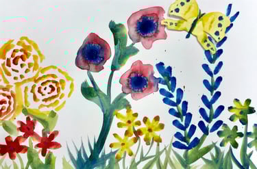 watercolor landscape featuring flowers and butterflies