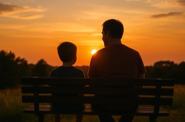 Father and son sit on a bench at sunset. A sense of quiet intimacy and curiosity