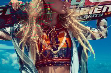 Ensaio fotográfico de marca de moda praia, biquini de estampa digital gráfica
