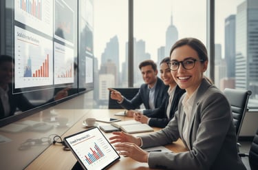 Team analyzing pitch deck financial metrics during a startup funding meeting.