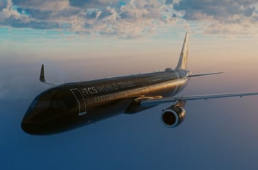 Luxury airplane in flight – Sleek black airplane labeled TCS World Travel flying at sunset.