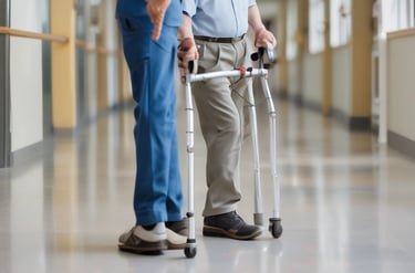 an elderly man with a walking aid and a nurse in scrubs