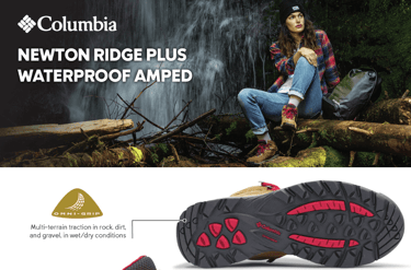Women wearing Columbia Women's Newton Ridge Plus Waterproof Hiking Boot with waterfall