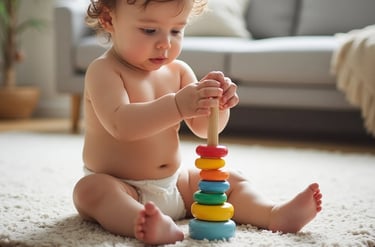 Bebê de 7 a 9 meses encaixando argola em torre colorida de empilhar