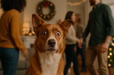 Dog feeling alert with holiday guests nearby.