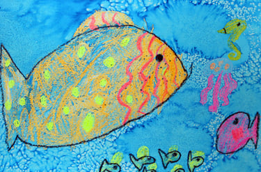 underwater sea creatures using crayons and watercolor wash