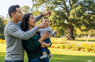Pais segurando bebê de 10 a 12 meses em um parque, todos apontando e olhando na mesma direção.