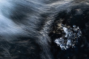 a piece of ice with water and ice crystals