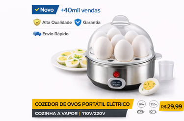 Cozedor de ovos elétrico portátil bivolt de aço inox com tampa transparente e sete ovos brancos.