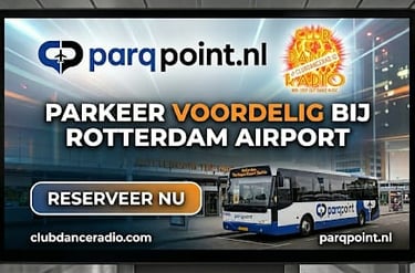Advertisement for Parqpoint affordable parking at Rotterdam Airport featuring a shuttle bus.