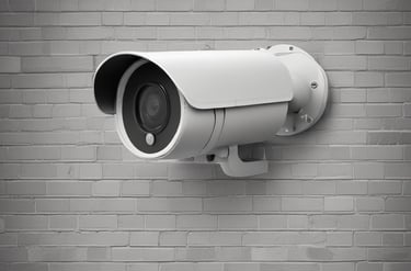 white surveillance camera hanging on wall