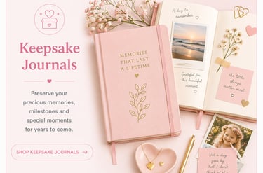 Pink keepsake journals with gold foil lettering surrounded by photos, flowers, and stationery on a flat lay desk.