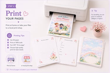 A home printer printing a colorful story planner for kids with character profile pages and writing tips.