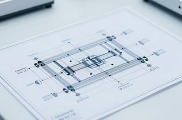 Crisp industrial photography of a technical blueprint layout of an automated workshop on a bright clinical white desk, subtle cool blue overlays, sharp focus, 35mm lens