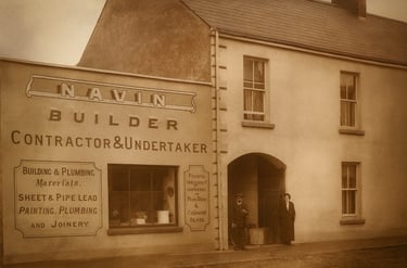 Vintage sepia photo of Navin Builder and Undertaker storefront, Westport, Co. Mayo.