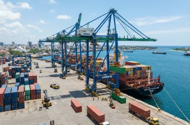 Modern port operations in Dar es Salaam with container ships and cranes under bright East African daylight, professional editorial photography, sharp focus, 35mm lens