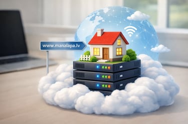 Mājaslapas hostinga ilustrācija — māja uz servera mākoņvidē ar domēna un interneta savienojuma simboliem