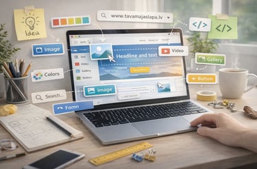 Mājaslapas konstruktors — vizuāls website builder rīks ar drag and drop elementiem uz datora ekrāna