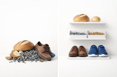 Minimālistiska ilustrācija ar nekārtīgu preču kaudzi un sakārtotām precēm baltos plauktos