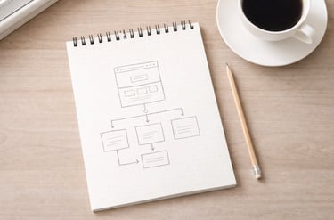 Mājaslapas struktūras plānošana – skice burtnīcā ar savienotiem sadaļu blokiem