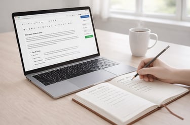 Mājaslapas satura veidošana – laptops ar teksta redaktoru un piezīmju klade ar satura idejām uz minimālistiska darba galda