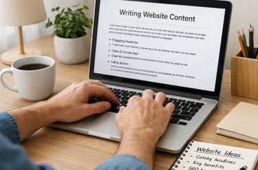 Cilvēks raksta mājaslapas saturu datorā pie minimālistiska darba galda ar piezīmēm un kafiju