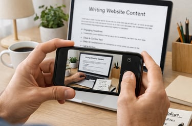 Cilvēks fotografē savu darba vietu ar telefonu, lai izveidotu autentiskas bildes mājaslapai