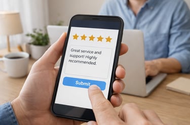 Pozitīva klienta atsauksme ar piecu zvaigžņu vērtējumu mājaslapā mobilajā telefonā