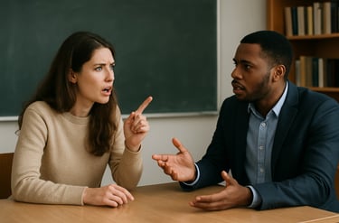 Two people having a focused conversation, illustrating techniques for mastering English
