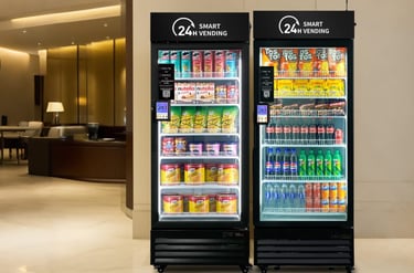 A traditional snack and drink vending machine featuring a clear glass front displaying chips, candy