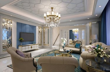 Luxury modern living room featuring a gold crystal chandelier, tufted sofas, and elegant blue wall paneling.
