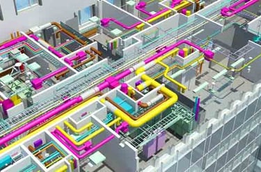 Complex 3D BIM model showing MEP coordination with colorful HVAC ducts and piping in a building.