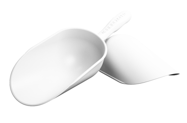 Vue inversée de la pelle blanche HACCP. Surface lisse pour une désinfection facile et rapide.