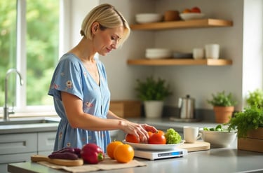 a lady in a kitchen prepping food with a food scale