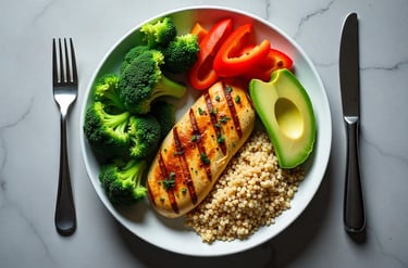 a healthy plate of food with portions of chicken, avocado, starches and vegetables