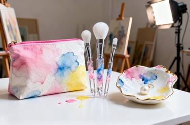 Aquarelle-themed cosmetic bag, brushes, and trinket dish in a studio.