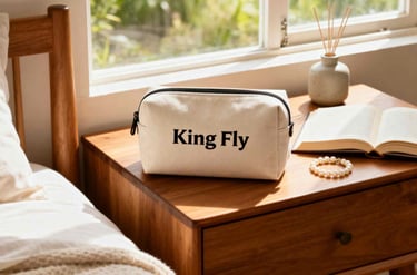 A King Fly custom canvas pouch resting on a bedside table next to an open book.