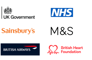 Brand logos of companies previously worked with, including UK Government and Sainsbury’s