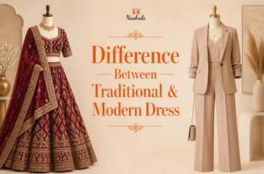 A comparison of traditional Indian bridal lehenga and a modern beige power suit on mannequins.