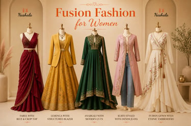 Elegant fusion fashion for women featuring ethnic sarees, lehengas, and Anarkali suits with modern styling.
