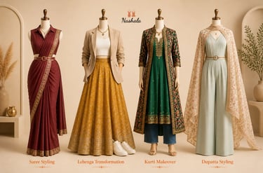 Four mannequins showcasing modern fusion Indian wear including saree styling, lehenga, kurti makeover, and dupatta draping.